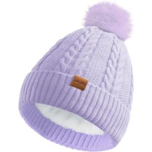 Women's Winter Fleece Beanie Hat, Warm Soft Wool Lined Knit Cross Cap with Pom Pom Snow (Light Purple)