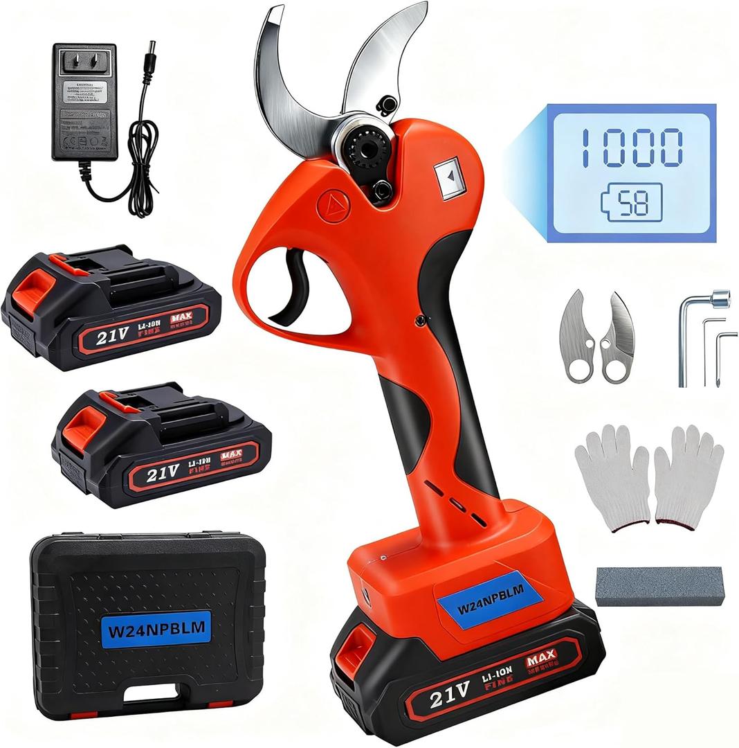Electric Pruning Shears2 inches (50mm) Cutting DiameterCordless Pruning Shears with LCD Display2pcs 2000mAh Rechargeable Lithium Battery, 2pcs Upgraded SK5 blades