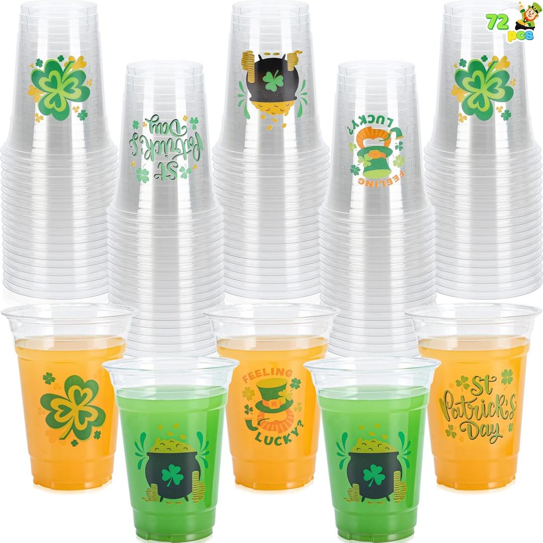 JOYIN 72 Pcs 16oz St. Patrick's Day Plastic Cups, Green Disposable Cups Bulk with 4 Styled Lucky Clover Cauldron Patterns for Saint Patrick Party Supplies, Irish Lucky Day Shamrock Party Decoration
