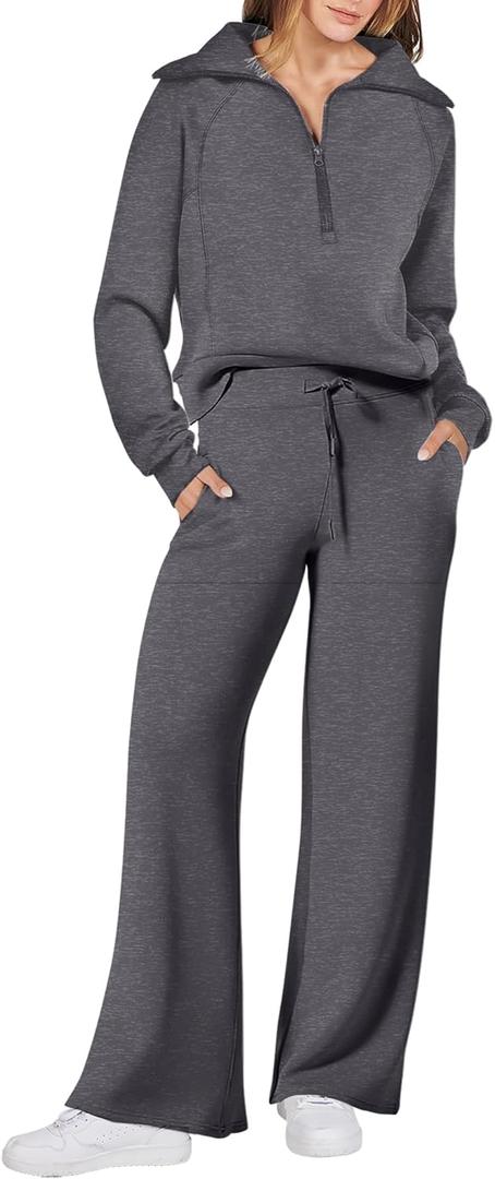 ANRABESS Women 2 Piece Outfits 2025 Fall Fashion Airport Wide Leg Pants Lounge Set Leisure Travel Vacation Clothes Sweatsuits (Large, Dark Grey)