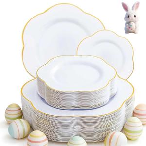Liacere 50PCS White Plastic Plates - Heavy Duty Disposable - White and Gold Plastic Plates Include 25PCS 7inch and 10inch plates for Party & Baby Shower Gifts & Easter Day