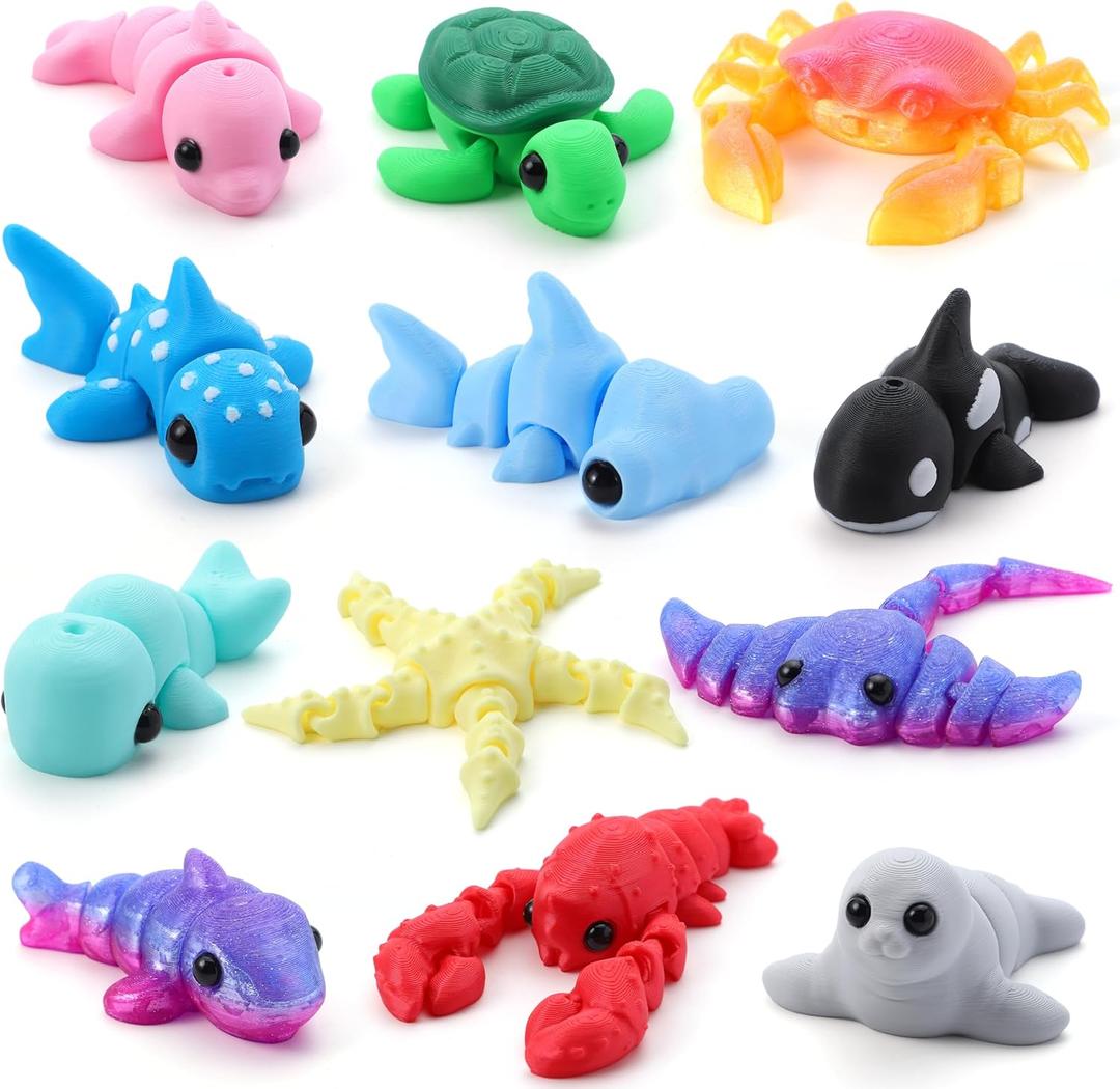 JOYIN 12 Pcs 3D Printed Ocean Animals Set, Mini Animals 3D Printed Toys - Cute Articulated Flexible Figurines Fidget Toys for Easter Party Favors Birthday Gifts Desk Pets Office Home Decor