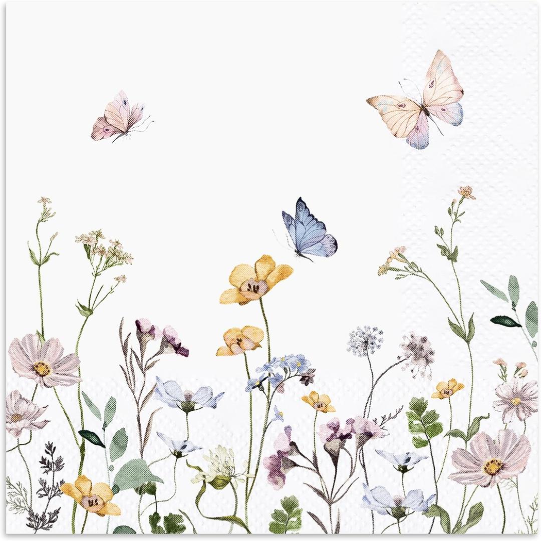 Audree 100 Pack Floral Cocktail Napkins Paper 3 Ply (5x5") - Wildflower Dinner Hand Paper Napkins for Wedding, Bridal, Baby Shower, Birthday, Tea Party, Garden Party, Anniversary Decorative Towels
