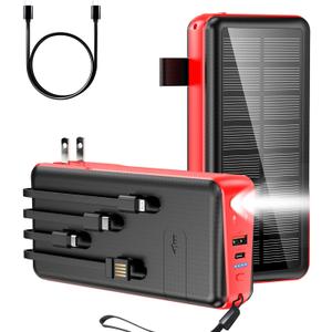 Portable Charger with Built in Cable and Wall Plug 50000mAh 22.5W Fast Charging Solar Power Bank with 5 Output & 2 Input Dual LED Flashlights Phone Holder External Battery Pack (Red)
