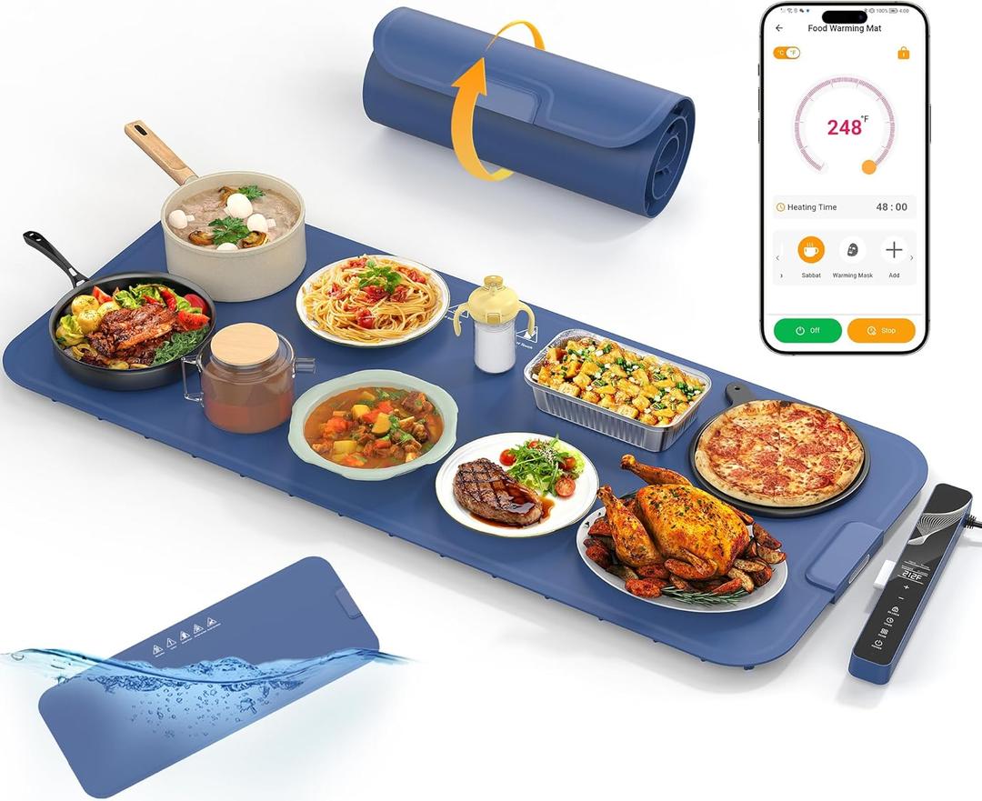 Food Warming Mat Extra Large 37"x15" with APP Control, Electric Warming Tray Adjustable Temp 99 Hour Timer Dishwasher Safe, Warming Mat for Food, Roll Up Portable Food Warmers for Parties Buffet