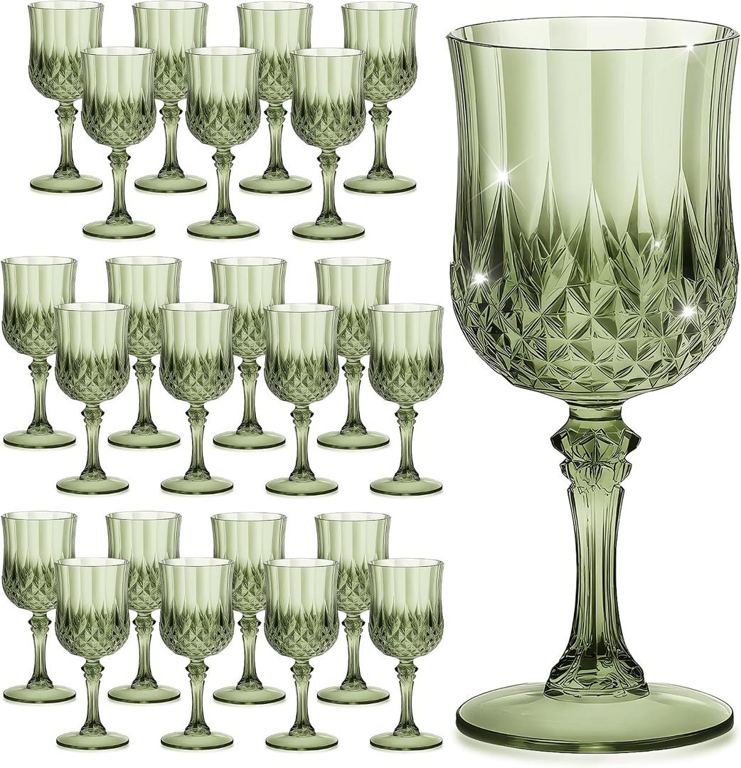 7OZ Plastic Wine Glasses, Reusable Vintage Goblets Unbreakable Drinking Glasses Crystal Water Cups Champagne for Wedding, Parties (24, Light Green)