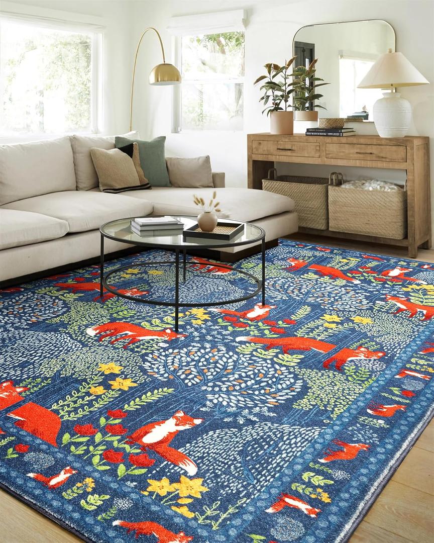 Cute Woodland Forest Bedroom Rug Colorful Indigo Blue Indoor 5x7 Area Rug Light Weight Washable, Modern Abstract Botanical Floral Whimsical Kids Rug Carpet for Nursery Living Room Entryway Kitchen
