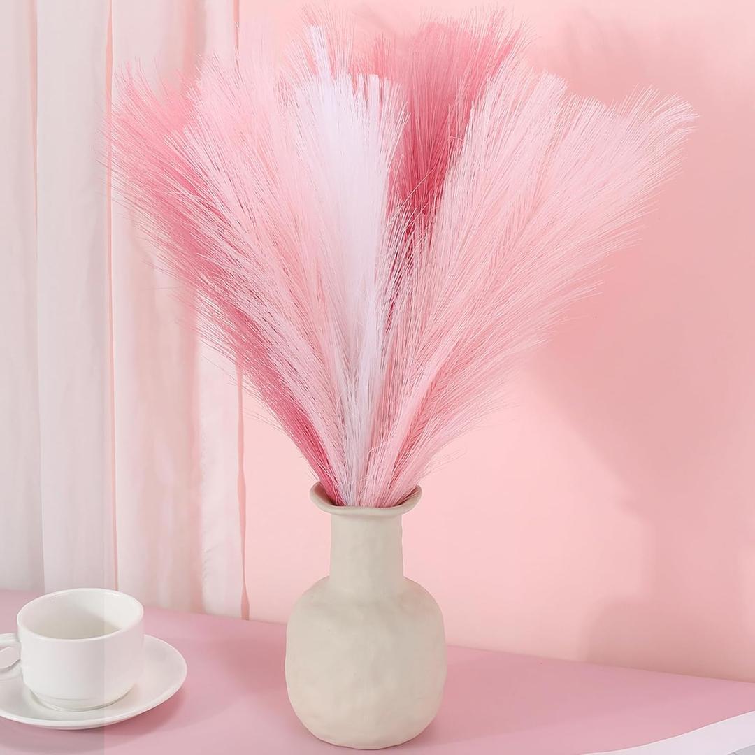 9 Pcs 17" Pampas Grass Pink White Decor Faux Dried Fluffy Fake Small Light Pink Pompas Artificial Pompous Short Stems Bouquet Flower Vase Filler Home Wedding Room Wall Decoration