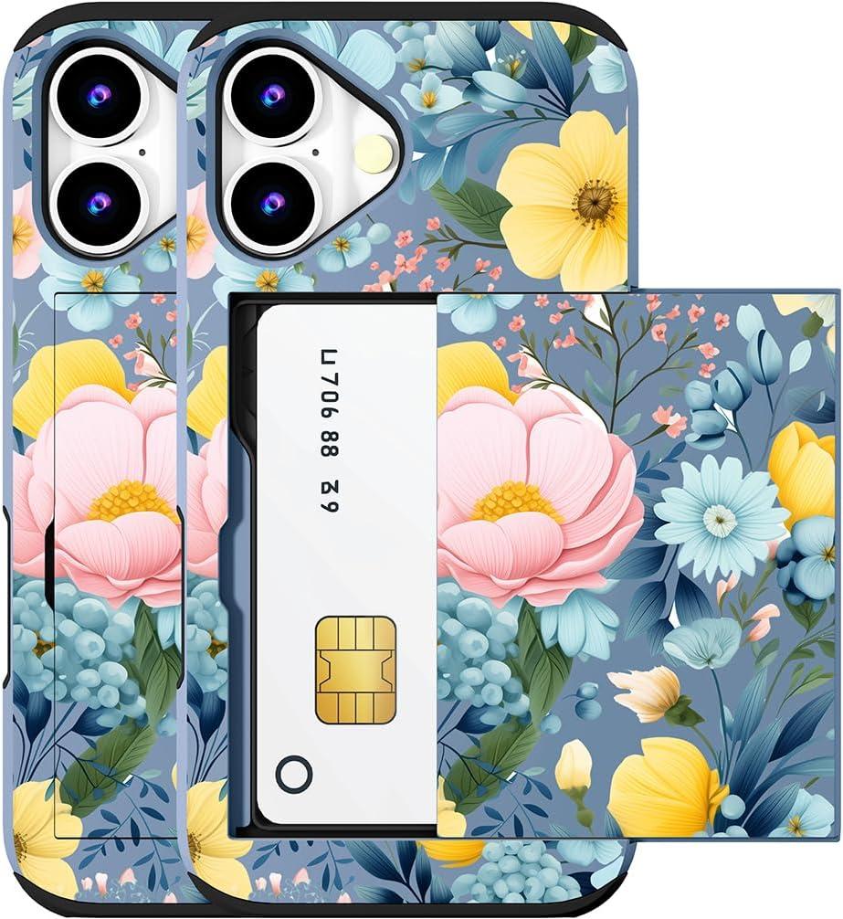 Compatible for iPhone 17 Case with Card Holder Cute - Kawaii Design Military-Grade Drop Protection Rugged Wallet Cases for Women (Blue Peony Flowers)