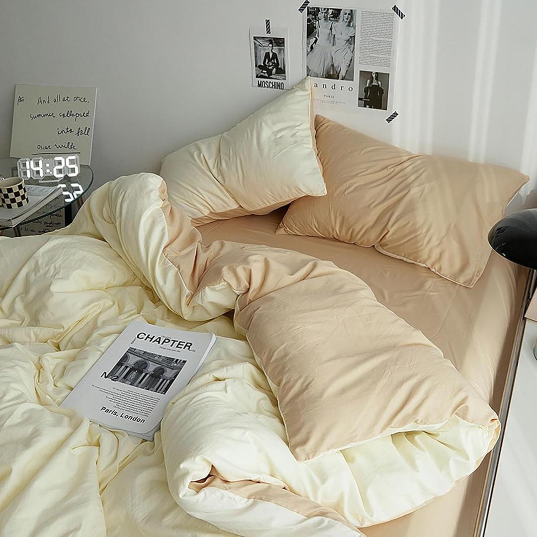 SRVEINE Solid Color 100% Washed Cotton Duvet Cover Set, 4-Piece Reversible Quilt Cover Queen Size, Soft Comforter Bedding Cover with Zipper Closure and 4 Corner Ties(Cream Color, Full)