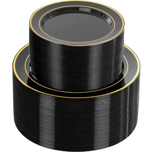NOCCUR 200PCS Black and Gold Plastic Plates for 100 Guests  Include 100PCS 10" Dinner/ 100PCS 7" Dessert Disposable Plates Heavy Duty  Ideal for Party/Birthday/New Year