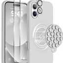 Magnetic for iPhone 16 Plus Case, Compatible with Magsafe, Suction Cup Phone Mount - 2 Screen Protectors - Camera Lens Protector, Silicone Shockproof Protective Phone Cover 6.7", Light Gray