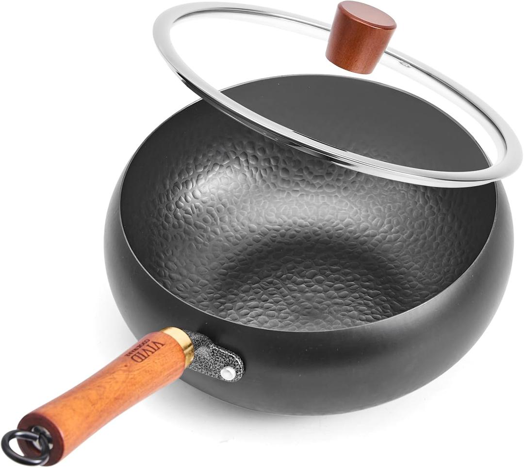 9.4 Inch Carbon Steel Wok with Glass Lid, Big Belly Flat Bottom Stir Fry Pan, Coating-Free Compact Wok Pan for Gas, Electric, Ceramic & Induction, 3.5 QT for 13 Servings