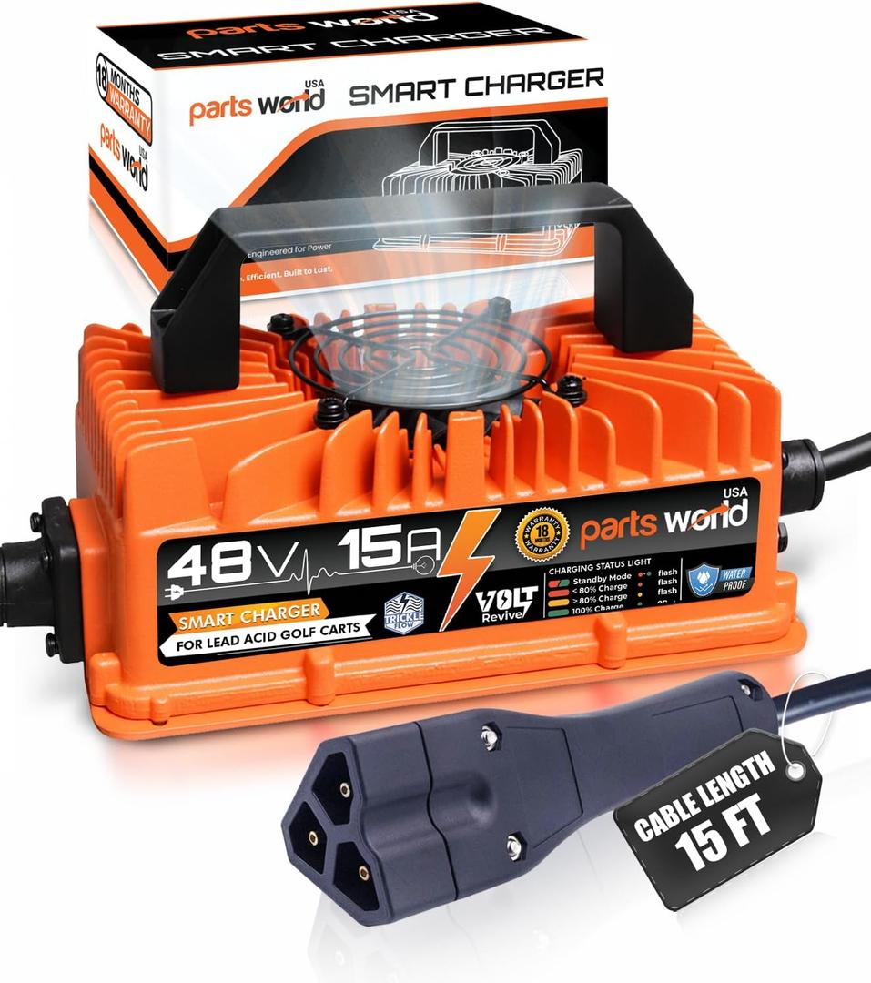 VoltRevive 48V 15A Lead-Acid Golf Cart Charger for EZGO RXV & TXT with 3-Pin Triangular Plug | Fast Charging with TrickleFlow | IP67 Waterproof