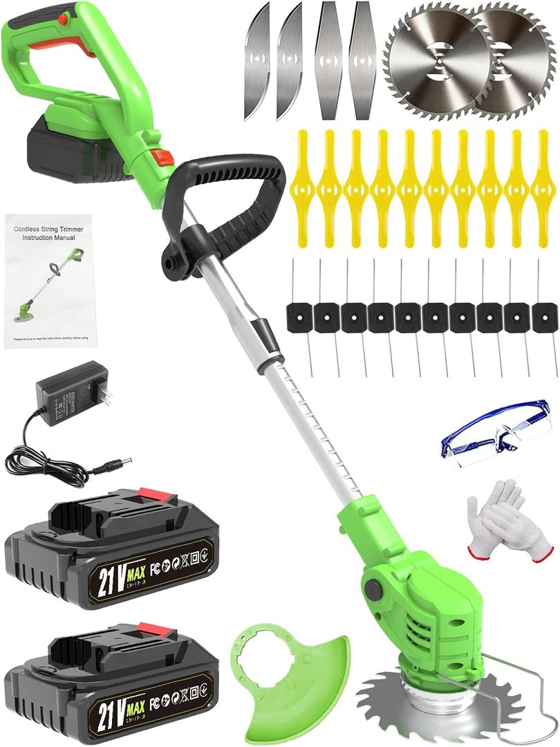 21V Electric Weed Wacker Cordless,Weed Eater Battery Powered with 2 * 2.0Ah Battery, Charger & 5 Types Blade Lightweight Grass Trimmer for Garden Yard Lawn Work