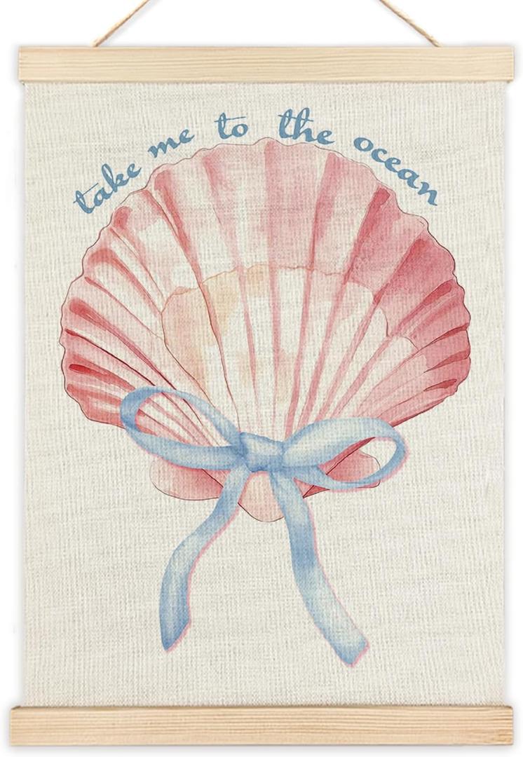 LZYRF Coquette Seashell Beach Wall Art, Coastal Beachy Room Decor Aesthetic, Preppy Pink Conch Ocean Coastal Canvas Prints Wall Decor for Beach House Cabin, 12x16 Inch
