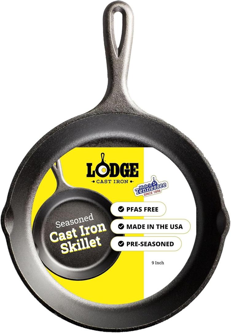 Lodge Seasoned Cast Iron Skillet - PFAS-Free, Non-Toxic Cookware - Use with an Oven, Stove, Grill, or Campfire - Naturally Non-Stick & Oven Safe - 9 Inches