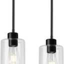 Black Pendant Lights Kitchen Island, Modern Farmhouse Glass Pendant Light, Light Fixture Kitchen Pendant Mini Hanging Light Fixture for Sink (Black 2 Pack Stem Rod)