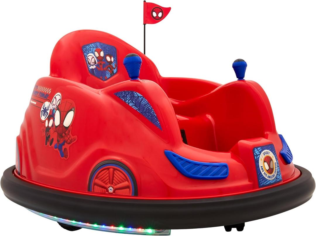 Flybar 6V Marvel Spidey Bumper Car Ride On Toy - Outdoor Toys, Baby Car, Toddler Toys, Bumper Cars, w/ 360° Spins, LED Lights, Seat Belt, Joystick Control, Max Weight of 66lbs, Age 1.5-4 yrs, Red