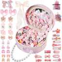 Princess Jewelry Box for Girls with Hair Accessories,Girls Hair Clips Bows Set, Fashion Hair Styling Kit with Mirror,Pink Sparkle Trinket Box Includes Hair Clips (Ribbon)