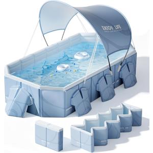 Foldable Pool with Canopy,Large Portable Pool for Adult, 85×50×22 in | Thickened Collapsible Folding Pool,20 Seconds Installation&Titanium Silver Canopy,Feels-Like Temp 50°F – 64.4°F,Blue