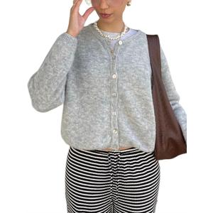Women's Casual Cardigan Sweater Button Down Crewneck Soft Knit Lightweight Going Out Pullover Tops (Large, Gray)
