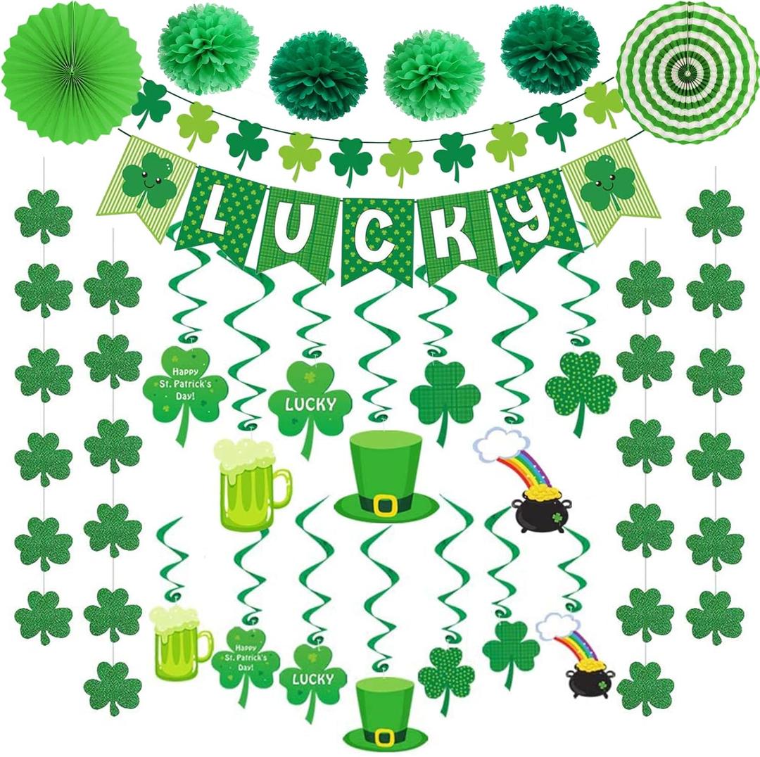 DAZONGE 40ct St. Patrick's Day Decorations Kit, Hanging Swirls, Banner, Shamrock Garlands for St. Patrick's Day Decor, Saint Patrick's Day Party Favor