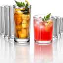12PCS Ribbed Drinking Glasses - 6 Highball Glasses 8oz， 6 Rocks Glass Cups 11oz， Ribbed Cocktail Glasses, Ideal for Wine, Whiskey, Ice Coffee Cup, Water, Juics, Beer, Mixed Drinkware