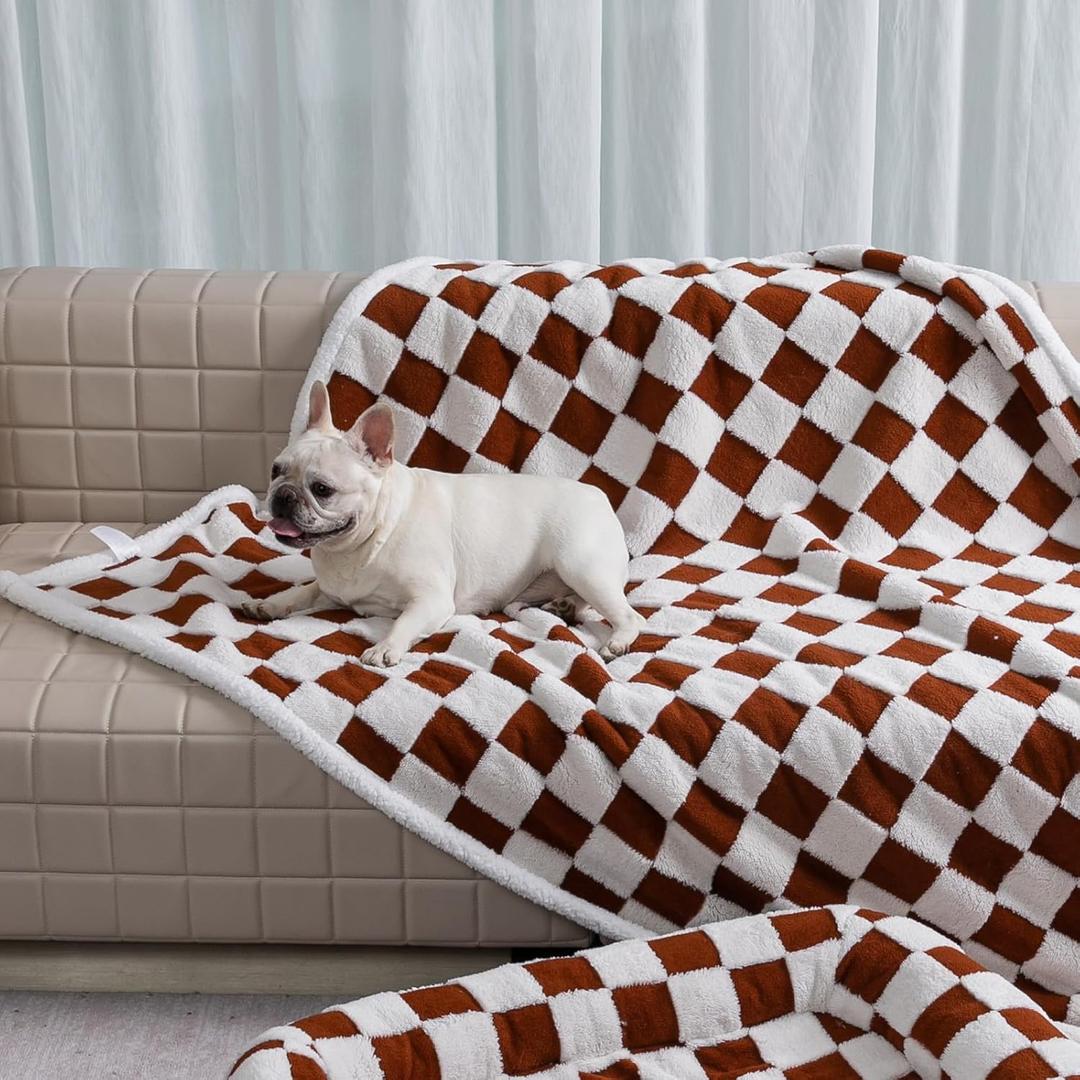 Waterproof Pet Blanket, Dog Bed Covers Throw for Puppy Cats Stylish Jacquard Pets Couch Sofa Furniture Protection Washable Reversible Covers (Coffee Check, XS)