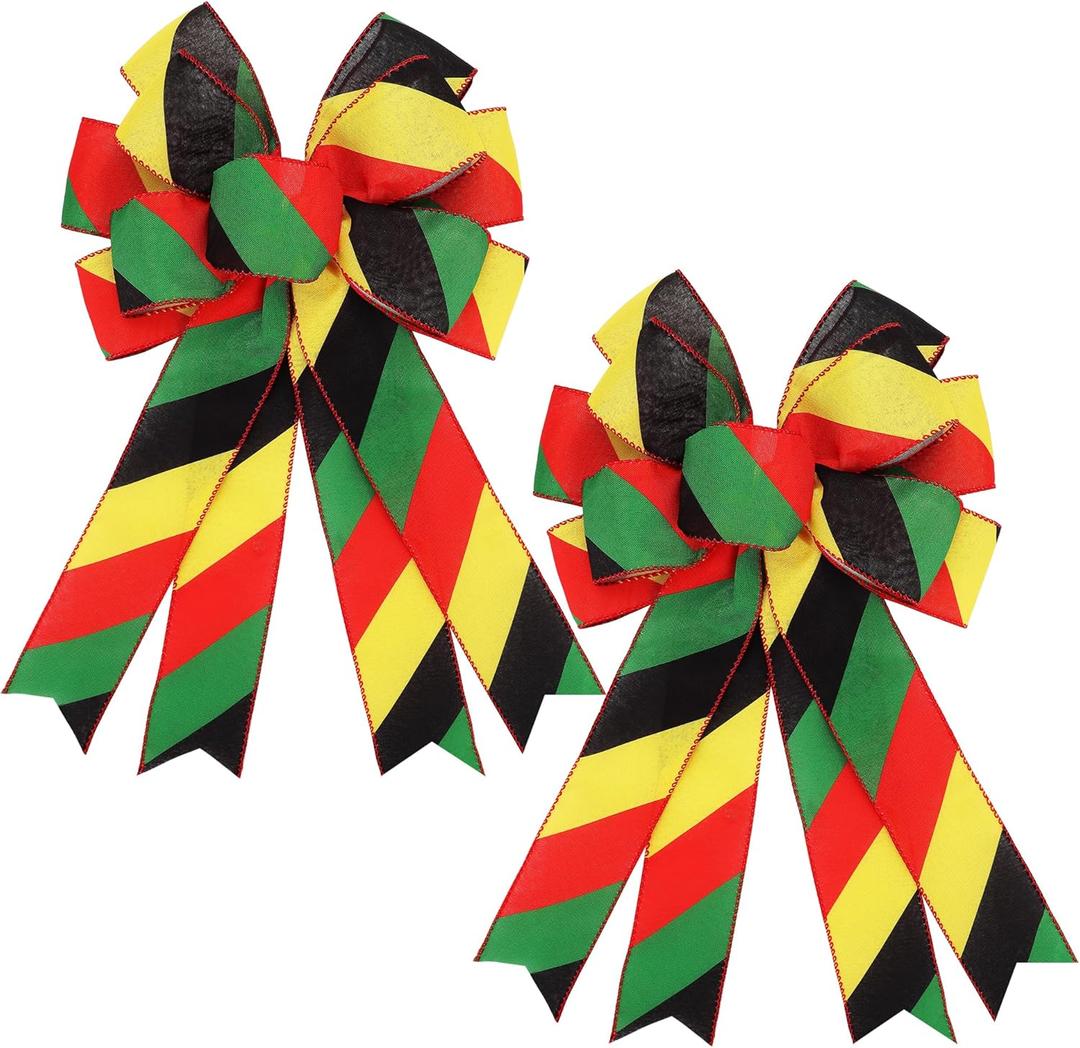 Lucleag 2PCS Black History Month Juneteenth Wreath Bow, 19.7x11.4In Red Yellow Green Black Bow for Black History Month Decor, Wreath Bow for Black History Month Juneteenth Party Supplies Gifts