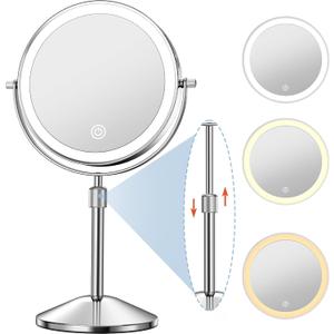 Vanity Mirror with Lights 7" Rechargeable 1x/10x Lighted Makeup Mirror Adjustable Height Double Sided Mirror with Lights 360Rotating Makeup Mirror