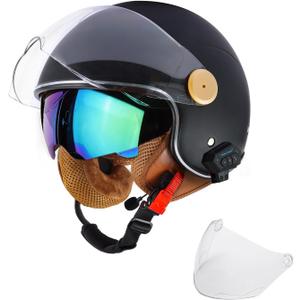 Retro Bluetooth 3/4 Open Face Motorcycle Half Helmet for Men Women - Dual Visors DOT Approved Lightweight Vintage Motorbike Helmet for Scooter Moped ATV Street Dirt Bike Commuting (Black, XL)