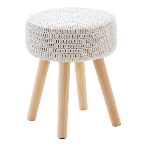 Wimarsbon Pouf Ottoman, 100% Cotton Knitted Boho Footstool, Round Footrest with Non-Skid Wood Legs, Home Décor Handmade Pouffe, Leisure Floor Step Stool for Living Room (Long Leg - Beige)