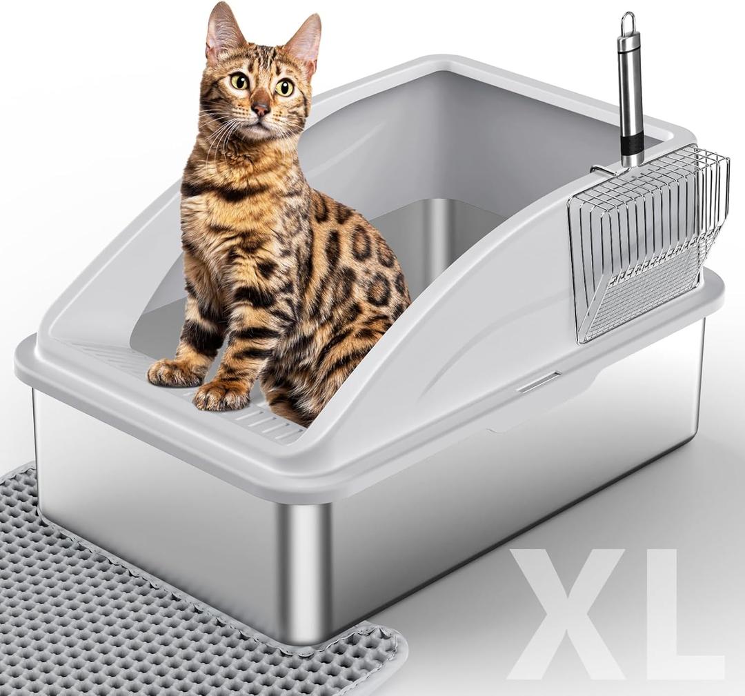 Stainless Steel Litter Box, Extra Large Litter Boxes for Big Cats, XL Metal Cat Litter Box with Lid, Anti-Urine Leakage, Non-Sticky, Include Cat Mat and Litter Scoop (Silver Gray)