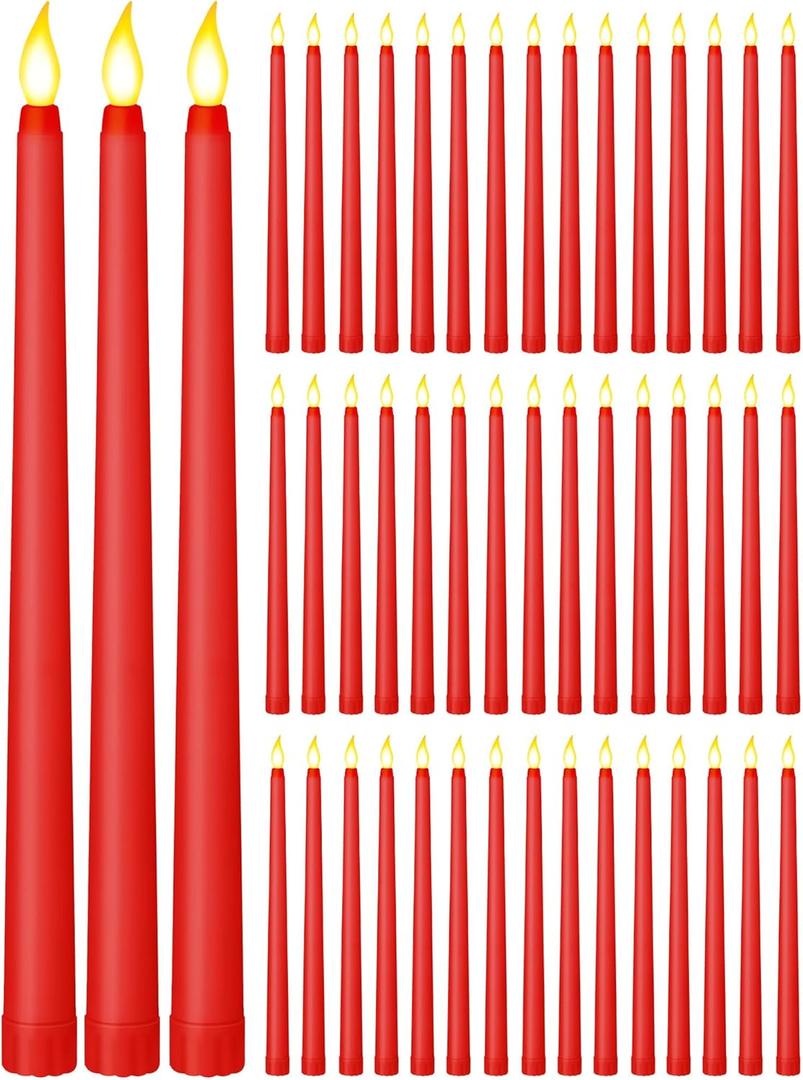 Funtery 48 Pcs Flameless LED Taper Candles Battery Operated Candles Bulk Realistic LED Candlesticks Flickering for Wedding Church Graduation Party Home Decor(Red,Classic Style)