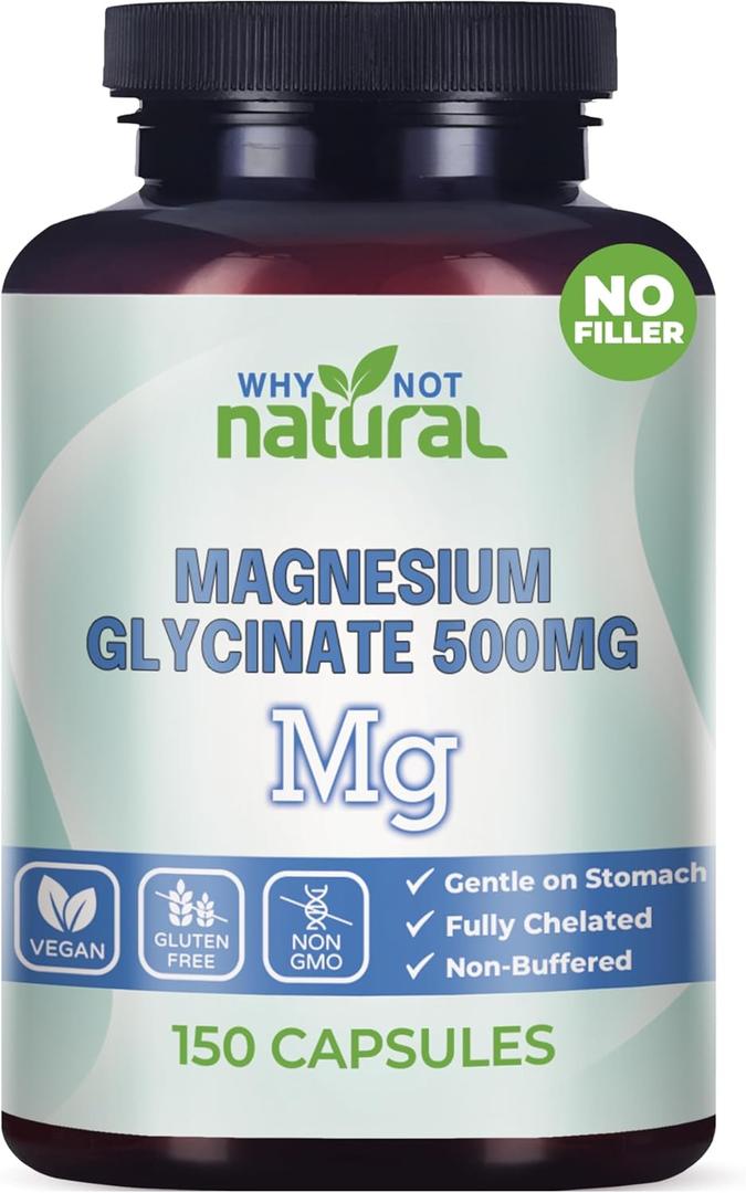 Why Not Natural Magnesium Glycinate 500 mg Capsules Supplement - Vegan, No Filler - Supports Sleep and Relaxation, Expiry: 6/2028