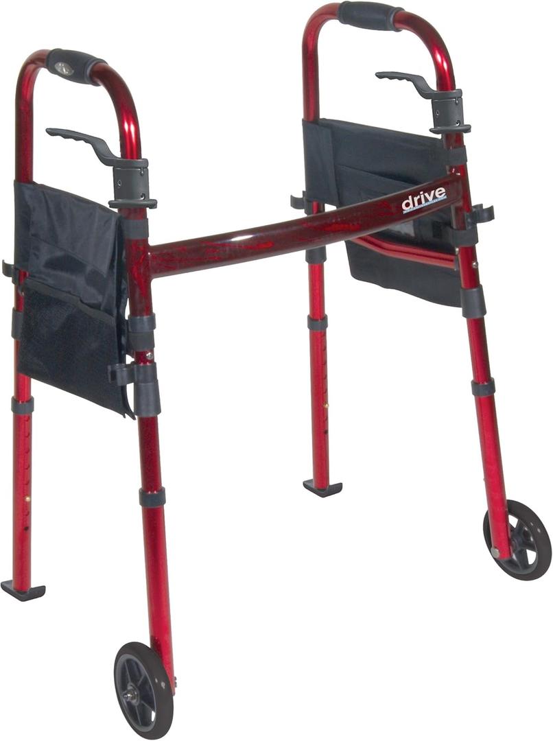 Drive Medical Deluxe Portable Folding Travel Walker with 5" Wheels and Fold up Legs, Red
