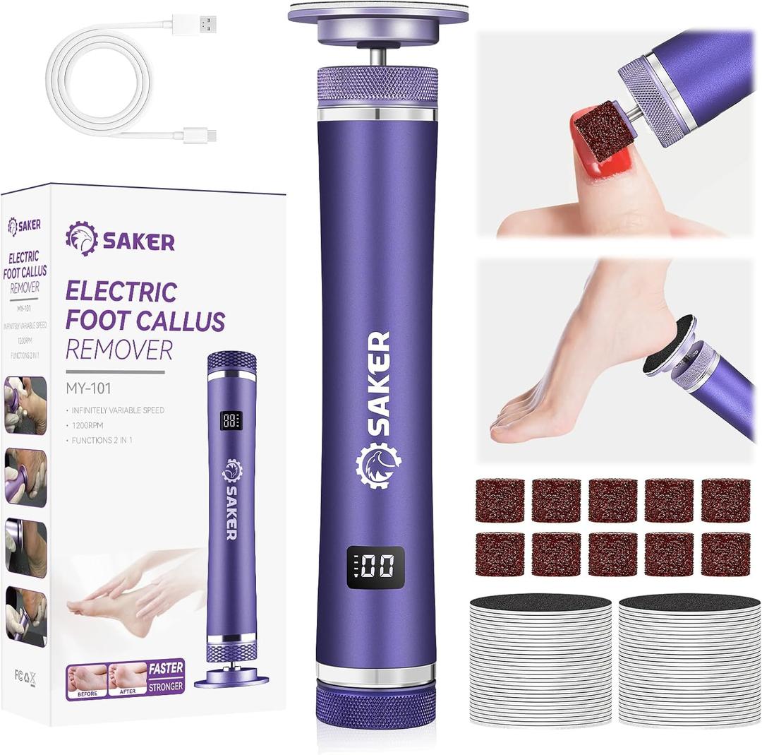 Saker Electric Foot Callus Remover, Electric Foot File Nail Grinder 2 in 1, Rechargeable Pedicure Tools for Feet with 60+10PCS Sandpaper & 12 Adjustable Speeds for Men Women Dead Dry Skin Calluses