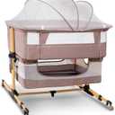 Baby Bassinet, 3 in 1 Bedside Sleeper with Mattress and Mesh Sides, Mosquito Net, Storage Basket, with Rocking Function, 5-Height Adjustable, Easy Assemble Crib for Newborn, Khaki