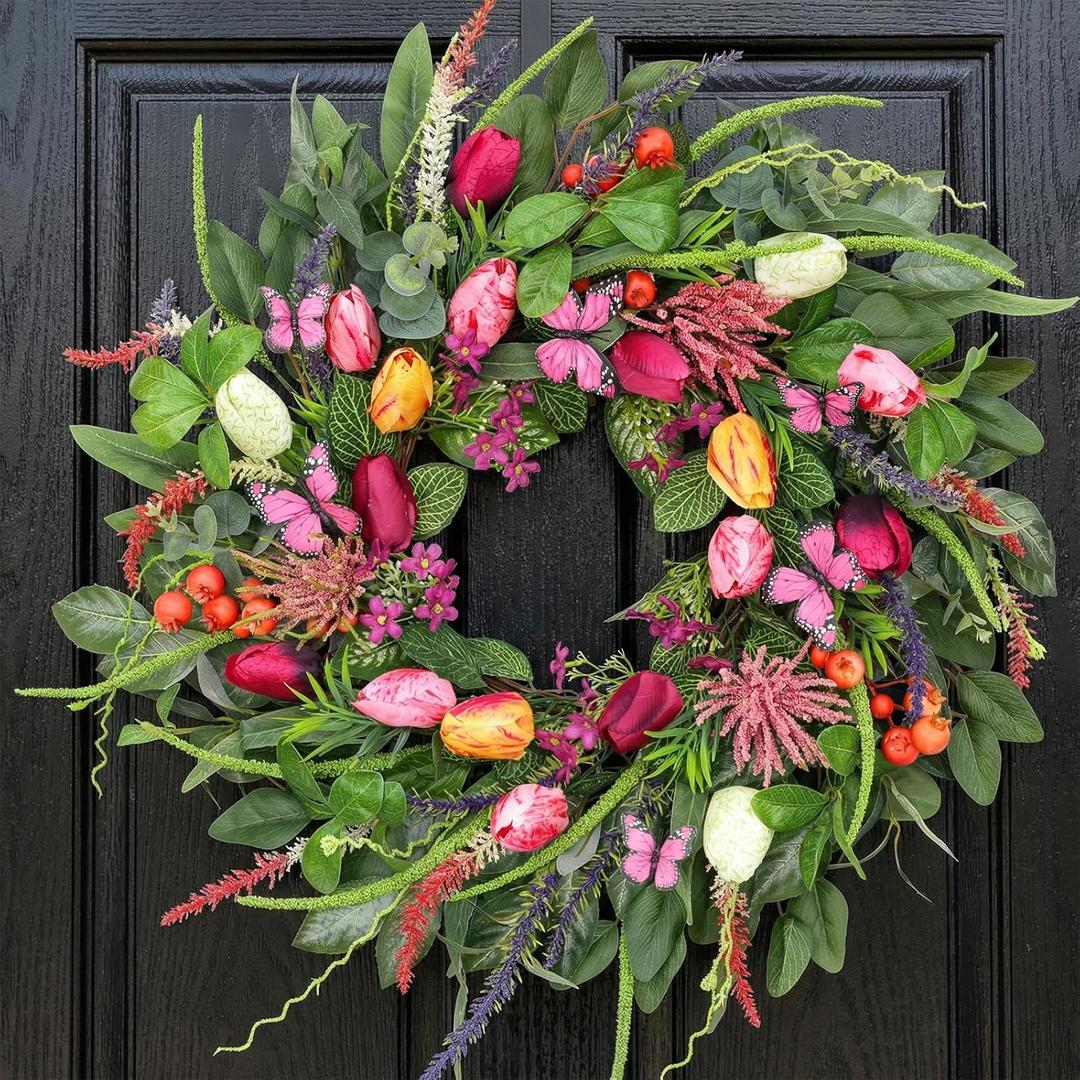Wreaths for Front Door 24 Inch Artificial Spring Wreath with Tulip,Roses,Eucalyptus Leaf, Berry, Butterflies,Summer Wreath for Home Wall Porch Window Easter Year-Round Indoor/Outdoor Decor