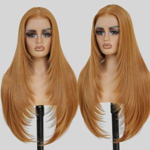 13x4 Synthetic Lace Front Wigs Pre Plucked 26 Inch Long Layered Ginger Straight Wigs For Women 100% Futura Premium Fiber Ready to Wear Wig With Bangs Beginner Friendly Daily Party Use
