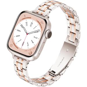 Slim Metal Band for Apple Watch Bands for Women 41mm 40mm 42mm(S10/11) 38mm iWatch Bands, Thin Dressy Fancy Strap for Apple Watch Band Series 10 11 Series 9 8 SE 7 6 5 4 3-Starlight+Rose Gold