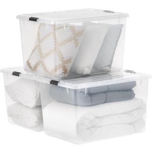 IRIS USA 144 Qt Stackable Plastic Storage Bins with Lids, 3 Pack - BPA-Free, See-Through Organizing Solution, Latches, Durable Nestable Containers, Secure Pull Handle, Made in USA - Clear