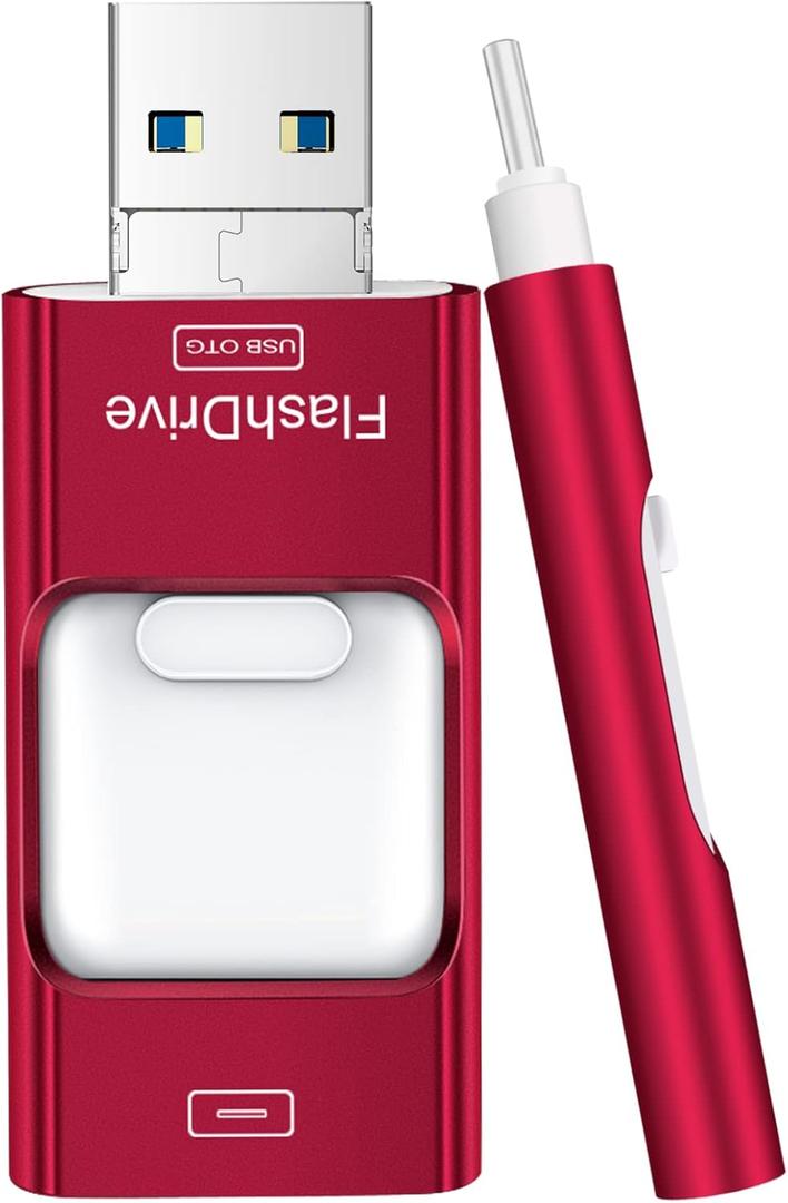 Flash Drive for iPhone 256GB, 4 in 1 USB Type C Memory Stick, Photo Stick External Storage Thumb Drive for iPhone iPad Android Computer, Candy Red