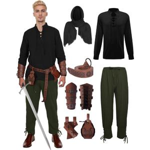 7 Pcs Men's Renaissance Costume Medieval Pirate Shirt Ankle Banded Pants Viking Costume Accessories Set (3X-Large)