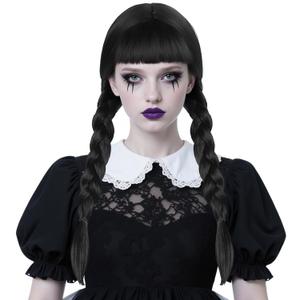 ANOGOL Black Braid Wig With Bangs for Women, Synthetic Wigs with 2 Pigtails, Long Black Straight Wig for Women, Heat Resistant, Tangle Free, Size 21.75 inches