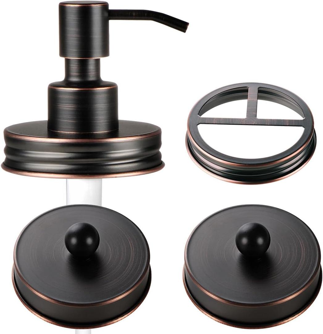 Mason Jar Bathroom Accessories Lids Set(4pcs) - Jars Not Included - Soap Dispenser, Apothecary Jars Lids for Regular Mouth Mason Jars, Wide Mouth Toothbrush Holder lid,-Stainless Steel,ORB (Oil Rubbed Bronze)