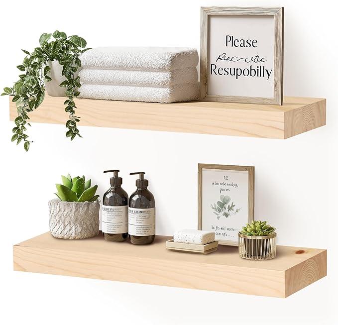 YLYHSST 17x8x1.6 inch Floating Shelves Set of 2 – Solid Wood Rustic Wood Wall Mounted Shelf for Kitchen, Bathroom, Living Room