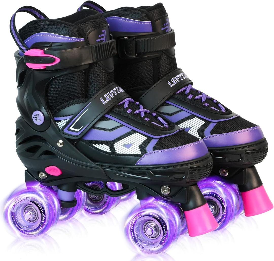 Roller Skates for Boys Girls Kids, 4 Size Adjustable Quad Skates with All Light Up Wheels for Beginners Indoor Outdoor Sports (Medium(US 2Y-5Y)Big Kid, Blue)