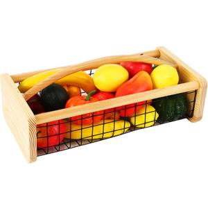 yeesport Metal Wire Garden Hod Harvest Basket with Wood Handle, 16.5 x 7.9 x 4.8 in, Large Capacity Fruit and Vegetable Storage Basket for Kitchen, Pantry, and Garden
